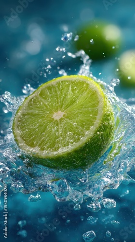 Fresh Lime Slice Splashes in Clear Water with Vibrant Background