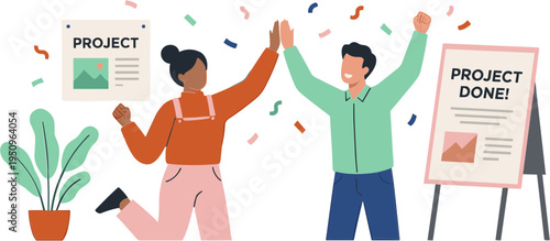 Two people celebrating project completion with confetti and plants around