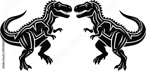 Symmetrical Black and White Tribal Tyrannosaurus Rex Illustration Vector Set Featuring Two Fierce Standing Dinosaurs for Tattoo and Mascot Logo Design