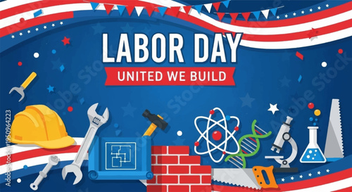 Labor day united we build american celebration background with construction tools and science symbols on patriotic blue