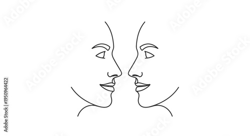 Minimalist line art of two faces in profile, facing each other, symbolizing connection and duality.