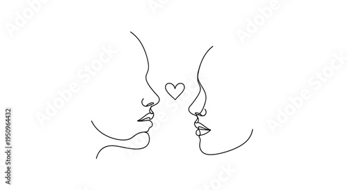 Minimalist Line Art of Two Faces Kissing with Heart, Romantic Love Symbol