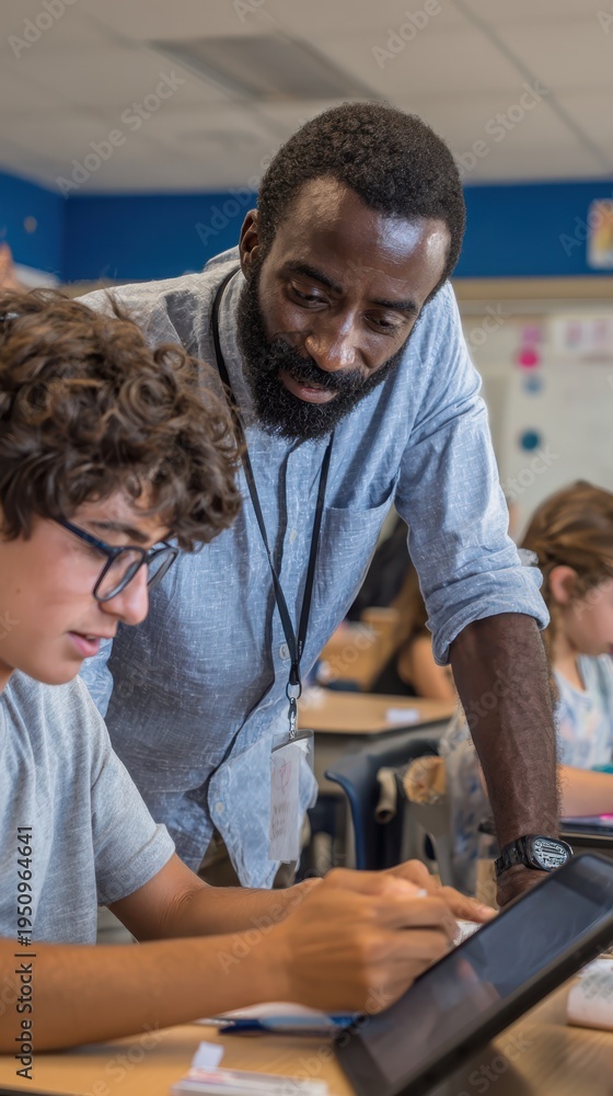 Obraz premium Engaged Teacher Assisting Student with Tablet in Classroom Setting
