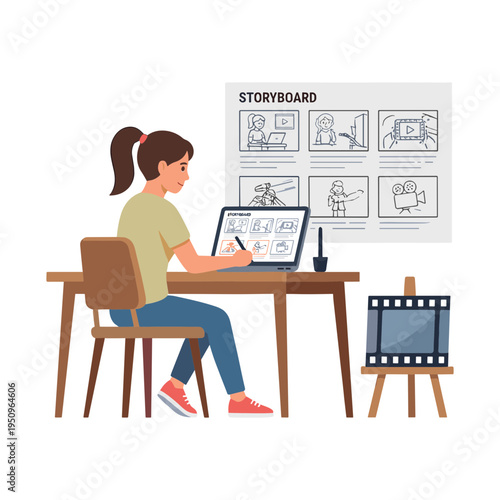 Woman sitting at desk creating storyboard with graphics tablet and film on easel