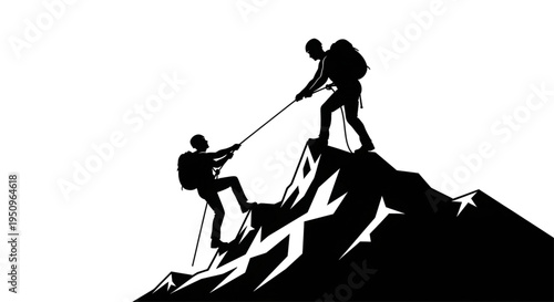 Two Mountain Climbers Helping Each Other to the Summit, Teamwork Concept Silhouette