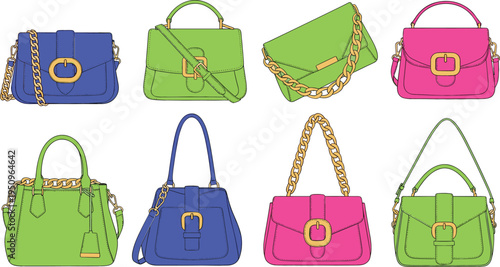Set of colorful women fashion handbags and luxury purses with gold chains and buckles, trendy stylish female accessories isolated on white background vector illustration collection.