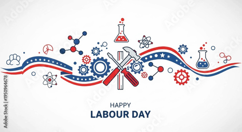 Happy labour day celebration with symbolic tools and gears on red white and blue background