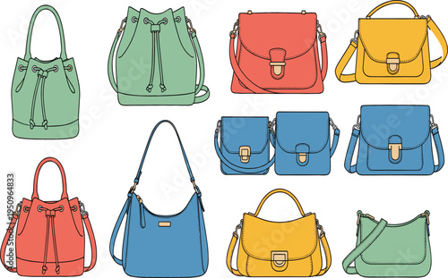Colorful Women Handbag Collection with Modern Shoulder Bags, Crossbody Purses and Stylish Fashion Accessories Set Isolated Vector Illustration