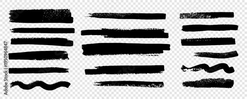 Hand Drawn Brush Line Stroke Set. Paint Brush Stroke Stripe Highlight Kit. Texture Soft Line Ink Marker Collection. Grunge Vector Illustration in Transparent Png Background