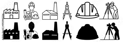 A collection of black and white silhouette icons depicting various industrial and architectural structures and objects