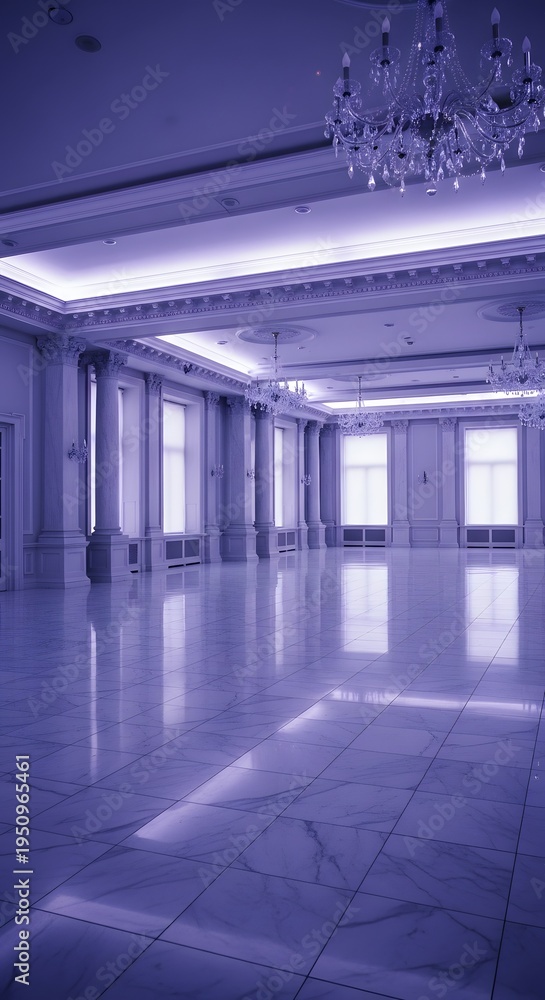 Naklejka premium Elegant empty ballroom with marble floors and crystal chandeliers