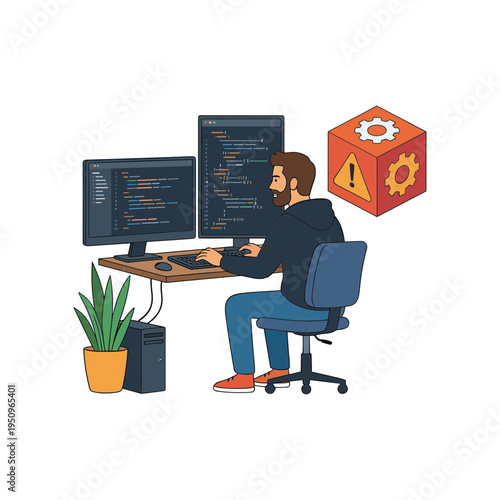 Man sitting at desk working on computer with coding screens and plant nearby