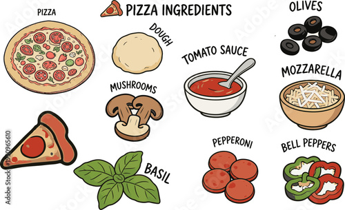  Set of pizza ingredients in doodle style,  Design on white background for for menu, restaurant, banner, label. Vector illustration