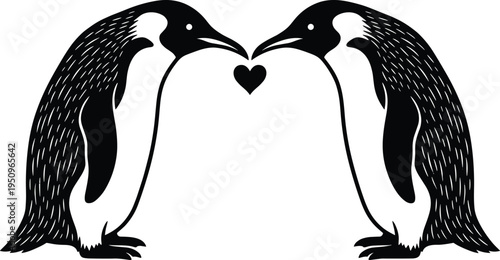 Two emperor penguins standing together in profile with a small black heart between their beaks on a plain white background