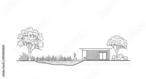 Minimalist architectural elevation drawing of a modern cabin by a pond featuring a person walking on a deck, surrounded by leafy trees and reeds in a clean black and white line art style.