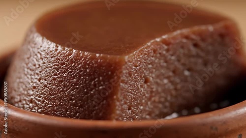 Macro Shot of Traditional Dense Fruit Paste Dessert (Quince or Guava Paste) Served in a Rustic Terracotta Clay Bowl, Highlighting Glossy Texture and Rich Brown Color.