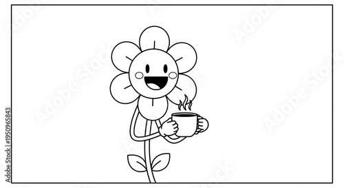 Happy Cartoon Flower Holding a Steaming Coffee Cup