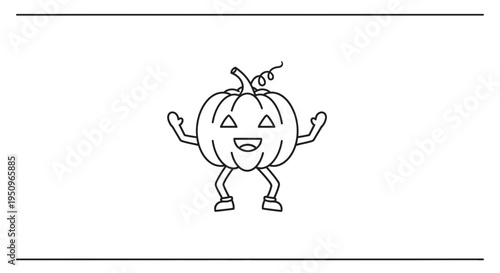 Happy Cartoon Pumpkin Character Dancing with Arms Raised, Line Art