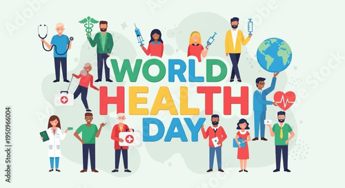 World health day illustration with diverse people and globe for healthcare and wellness concept