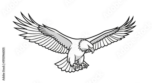 Grayscale vector illustration of a bald eagle soaring with wings wide open and talons extended, featuring clean graphic line art style isolated on a plain white background.