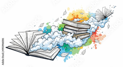 Books and knowledge floating on clouds with dandelion seeds in a dreamy educational background