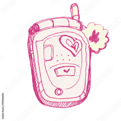 Retro Flip Phone Mobile Cellphone Hand Drawn Doodle Icon Y2k Pink

