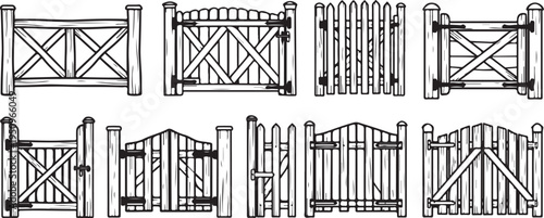 A variety of wooden fence and gate designs showcased in a detailed sketch Vector