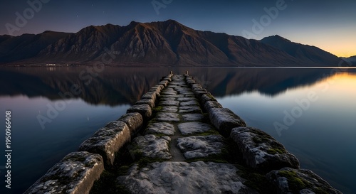 Stone pier extending into a calm lake at dawn with mountain reflections