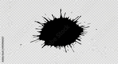 Detailed black ink splatter illustration featuring sharp radiating edges and irregular droplets, isolated on a transparent background, suitable for grunge and artistic designs.