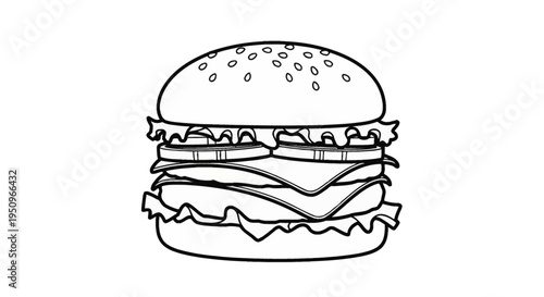 Black and white vector line art illustration of a double cheeseburger with sesame seed bun, crisp lettuce, tomato slices, and cheese layers, isolated on a white background.