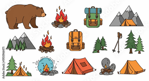 Hand-drawn camping icon set featuring a brown bear, campfire wood logs, hiking backpacks, pine trees, trekking poles, snow-capped mountains, and orange tents on a white background.