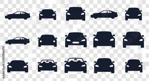 Set of fifteen black car silhouettes featuring various vehicle types including sedans, coupes, and convertibles in front and side profile views isolated on a transparent background.