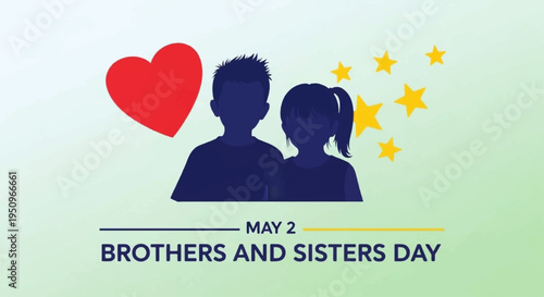 Brother and sister silhouettes celebrate brothers and sisters day with heart and stars on green background