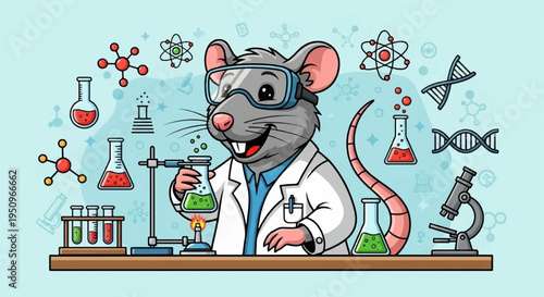 A curious mouse in lab coat conducts experiment with colorful chemicals and equipment