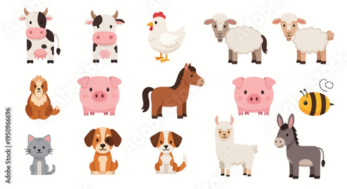 Vector illustration collection of cute farm and domestic animals featuring cow, pig, horse, sheep, chicken, cat, dog, llama, donkey, and bee isolated on a white background.