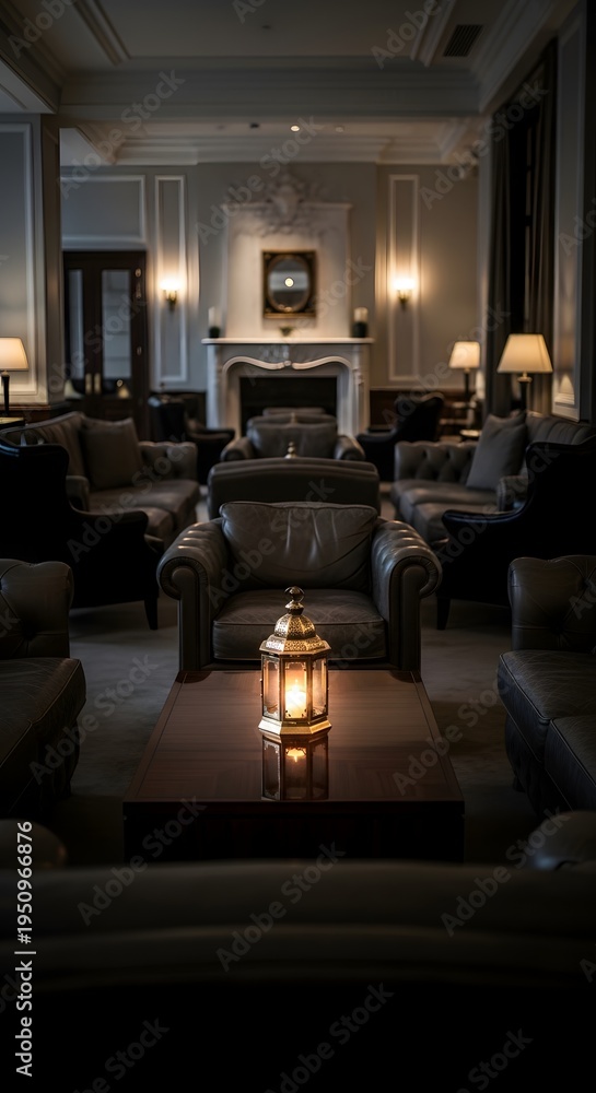 Obraz premium Elegant hotel lounge interior with cozy leather armchairs and warm lantern lighting