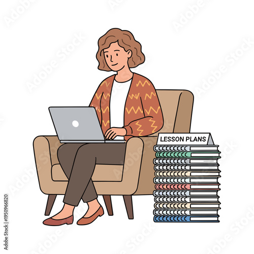 Woman sitting on chair using laptop with lesson plans beside her