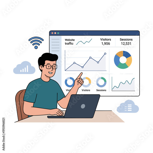 A man analyzes website traffic data on a laptop at a desk with a large screen display.
