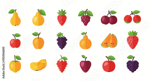 Collection of flat vector fruit icons featuring pears, strawberries, grapes, cherries, apples, and various fruit slices, isolated on white background for food and healthy lifestyle.