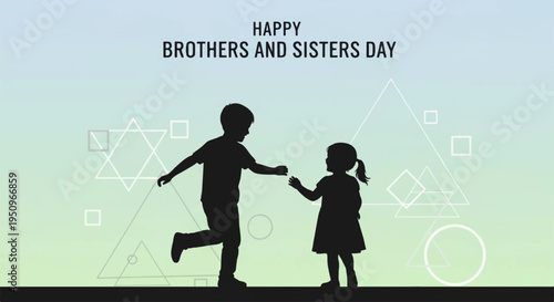 Silhouette of happy brother and sister holding hands on brothers and sisters day with gradient background and geometric shapes