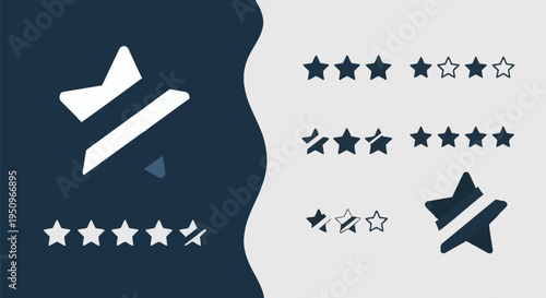 Minimalist vector illustration set of star rating icons for customer feedback and product reviews, featuring solid and outlined five-star ranking symbols on a dual-tone background.