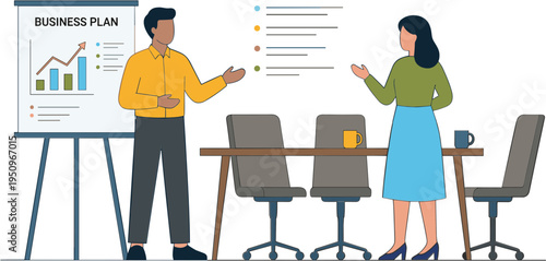 Business colleagues discussing plan in office meeting room with presentation