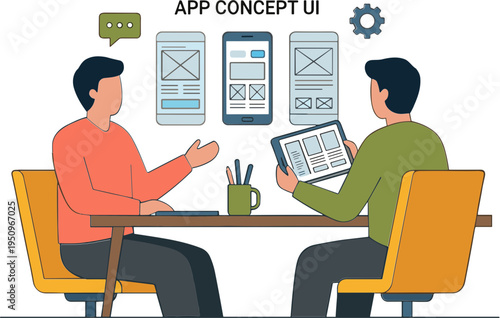 Two developers discussing app concept on UI at a table with screens