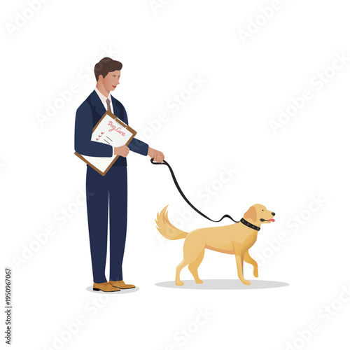 Man in Business Suit Walking with Service Dog, Professional Trainer with Golden Retriever on Leash, Assistance Dog and Accessibility Concept Isolated on White