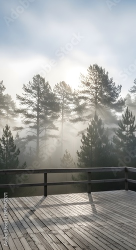 Wooden deck overlooking a misty pine forest at sunrise