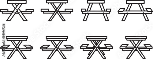 A collection of different picnic table and bench designs. Vector