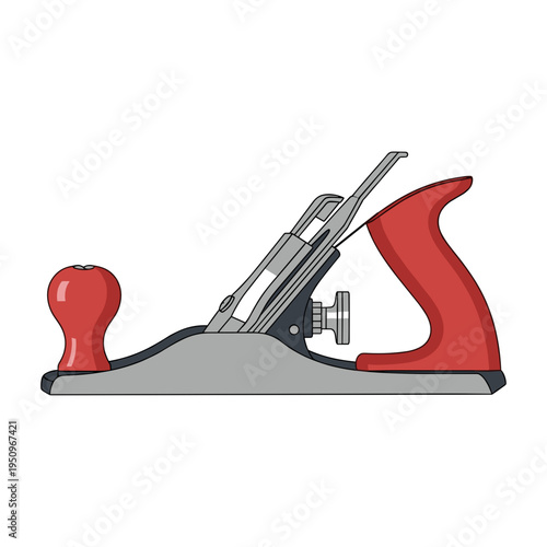 Red and gray jack plane isolated on white background, detailed side view illustration of woodworking tool with ergonomic handle and smooth metal body