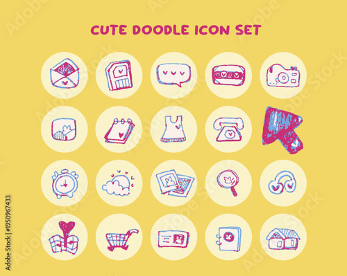 Cute Retro Y2K Hand Drawn Doodle Icon Set Graphic Elements
