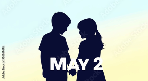 Silhouette of a romantic couple holding hands on a sunny day with date may 2 gradient background
