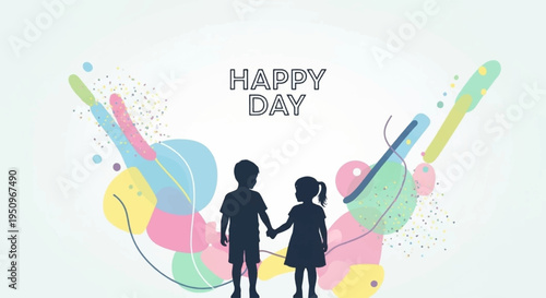 Silhouette of happy child and kid holding hands with colorful abstract art background and 'happy day' text